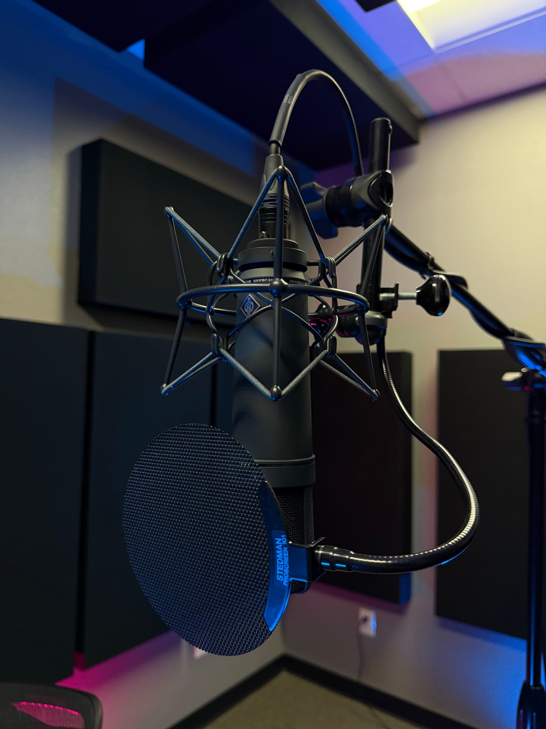 Vocal microphone and pop filter in Studio 22's recording booth