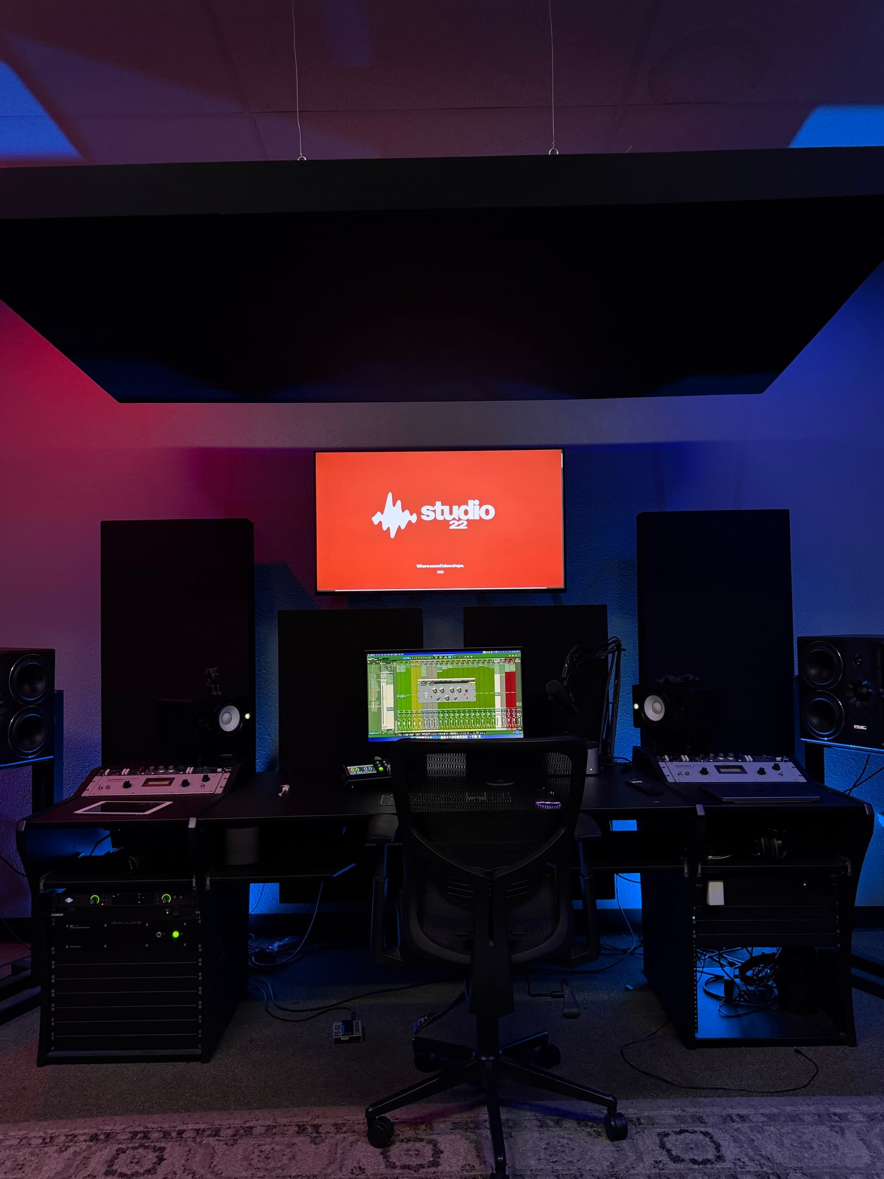 Studio 22 control room listening position beneath acoustic ceiling treatment