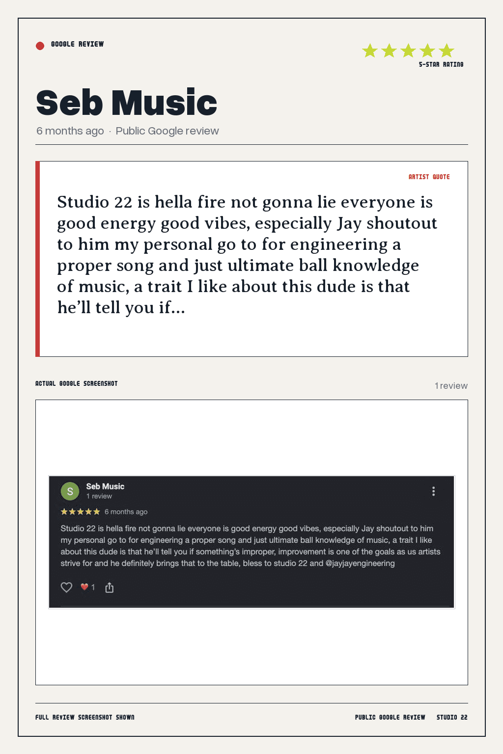 Studio 22 Google review card for Seb Music, rated 5 out of 5. Studio 22 is hella fire not gonna lie everyone is good energy good vibes, especially Jay shoutout to him my personal go to for engineering a proper song and just ultimate ball knowledge of music, a trait I like about this dude is that he’ll tell you if…