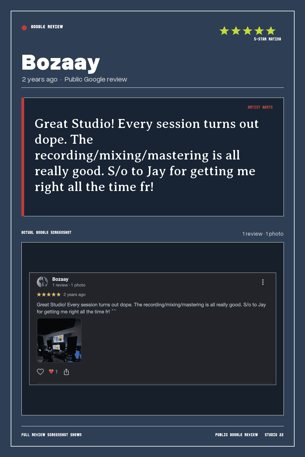 Studio 22 Google review card for Bozaay, rated 5 out of 5. Great Studio! Every session turns out dope. The recording/mixing/mastering is all really good. S/o to Jay for getting me right all the time fr!
