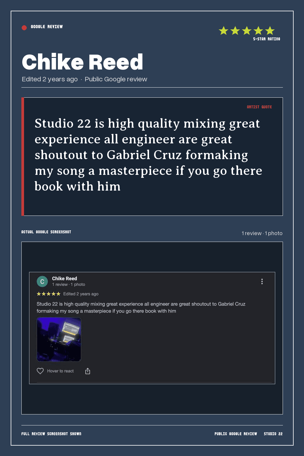 Studio 22 Google review card for Chike Reed, rated 5 out of 5. Studio 22 is high quality mixing great experience all engineer are great shoutout to Gabriel Cruz formaking my song a masterpiece if you go there book with him