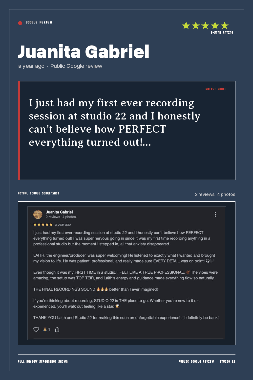 Studio 22 Google review card for Juanita Gabriel, rated 5 out of 5. I just had my first ever recording session at studio 22 and I honestly can’t believe how PERFECT everything turned out!…
