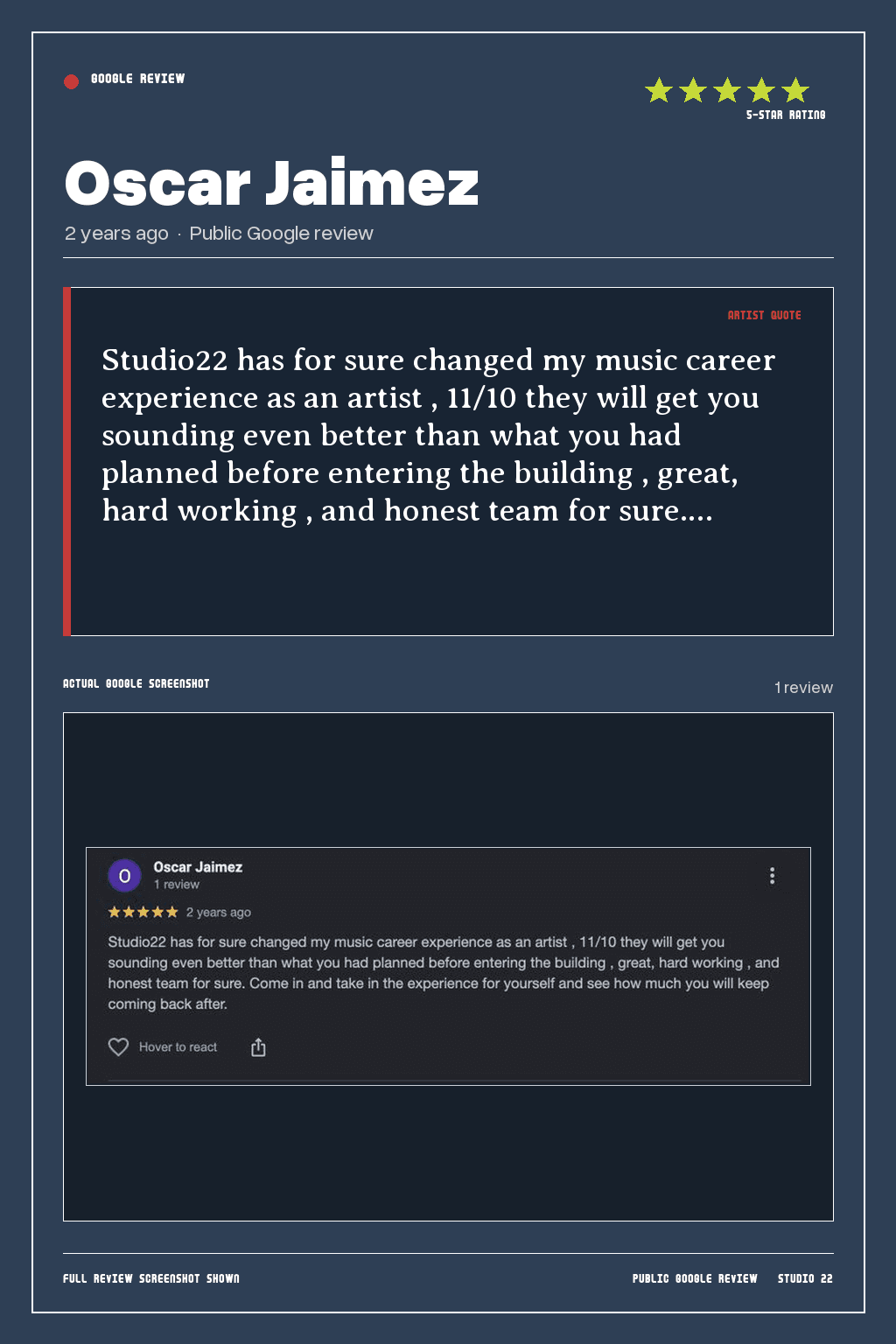 Studio 22 Google review card for Oscar Jaimez, rated 5 out of 5. Studio22 has for sure changed my music career experience as an artist , 11/10 they will get you sounding even better than what you had planned before entering the building , great, hard working , and honest team for sure.…