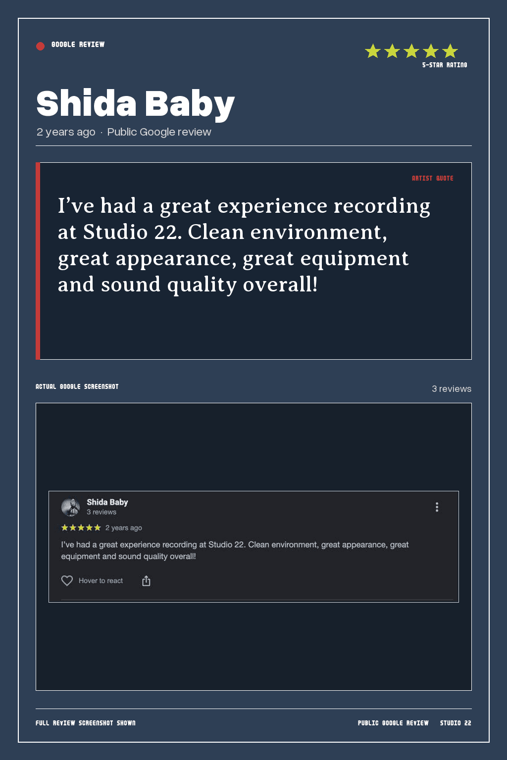 Studio 22 Google review card for Shida Baby, rated 5 out of 5. I’ve had a great experience recording at Studio 22. Clean environment, great appearance, great equipment and sound quality overall!