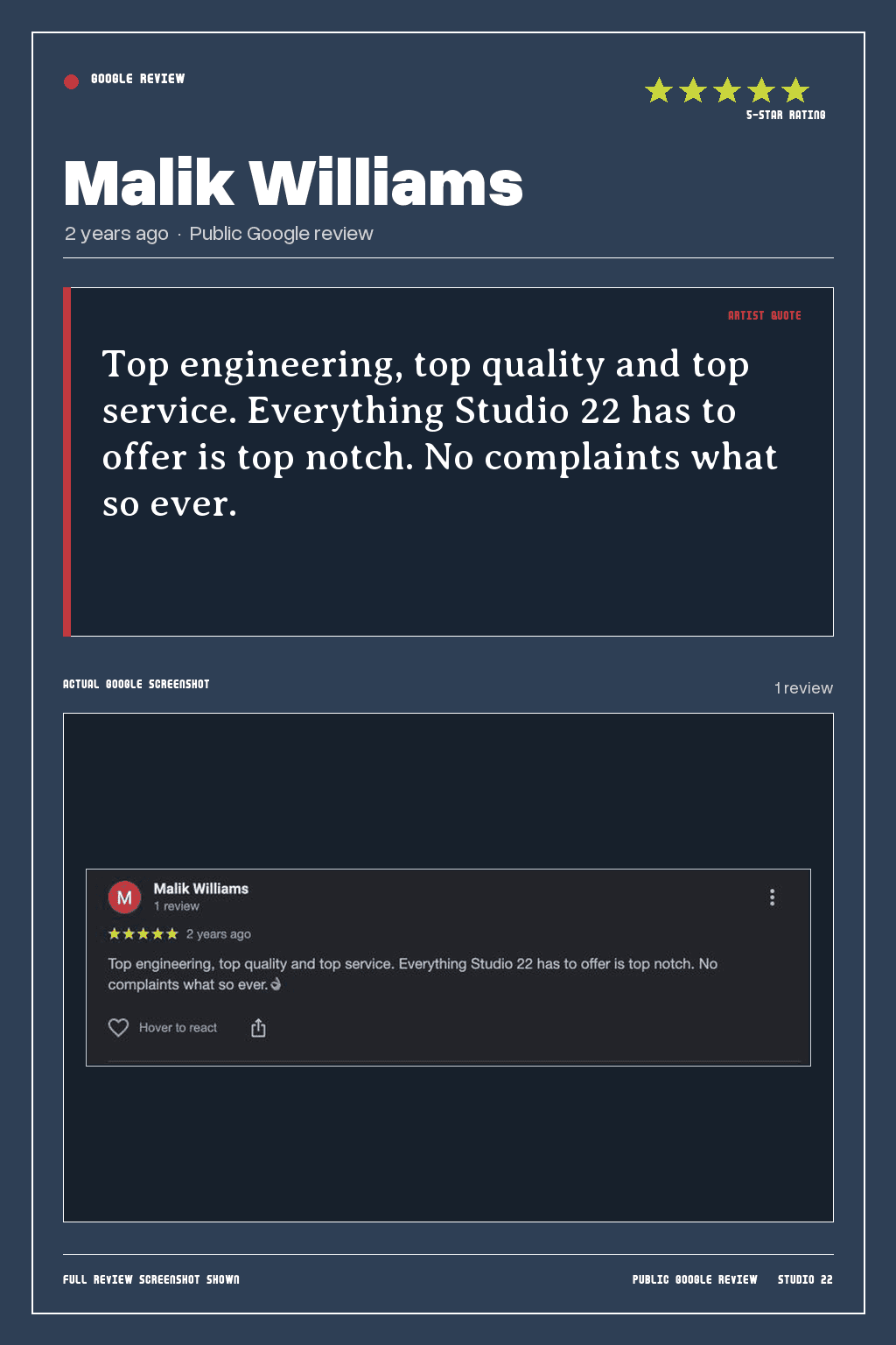 Studio 22 Google review card for Malik Williams, rated 5 out of 5. Top engineering, top quality and top service. Everything Studio 22 has to offer is top notch. No complaints what so ever.