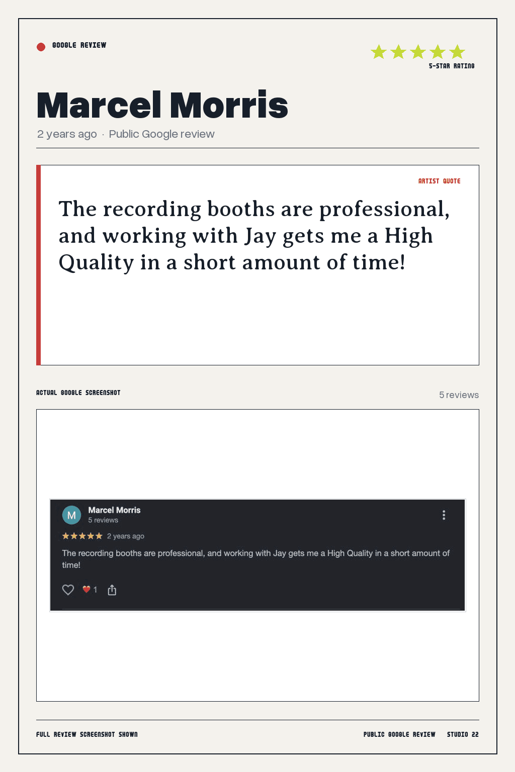 Studio 22 Google review card for Marcel Morris, rated 5 out of 5. The recording booths are professional, and working with Jay gets me a High Quality in a short amount of time!