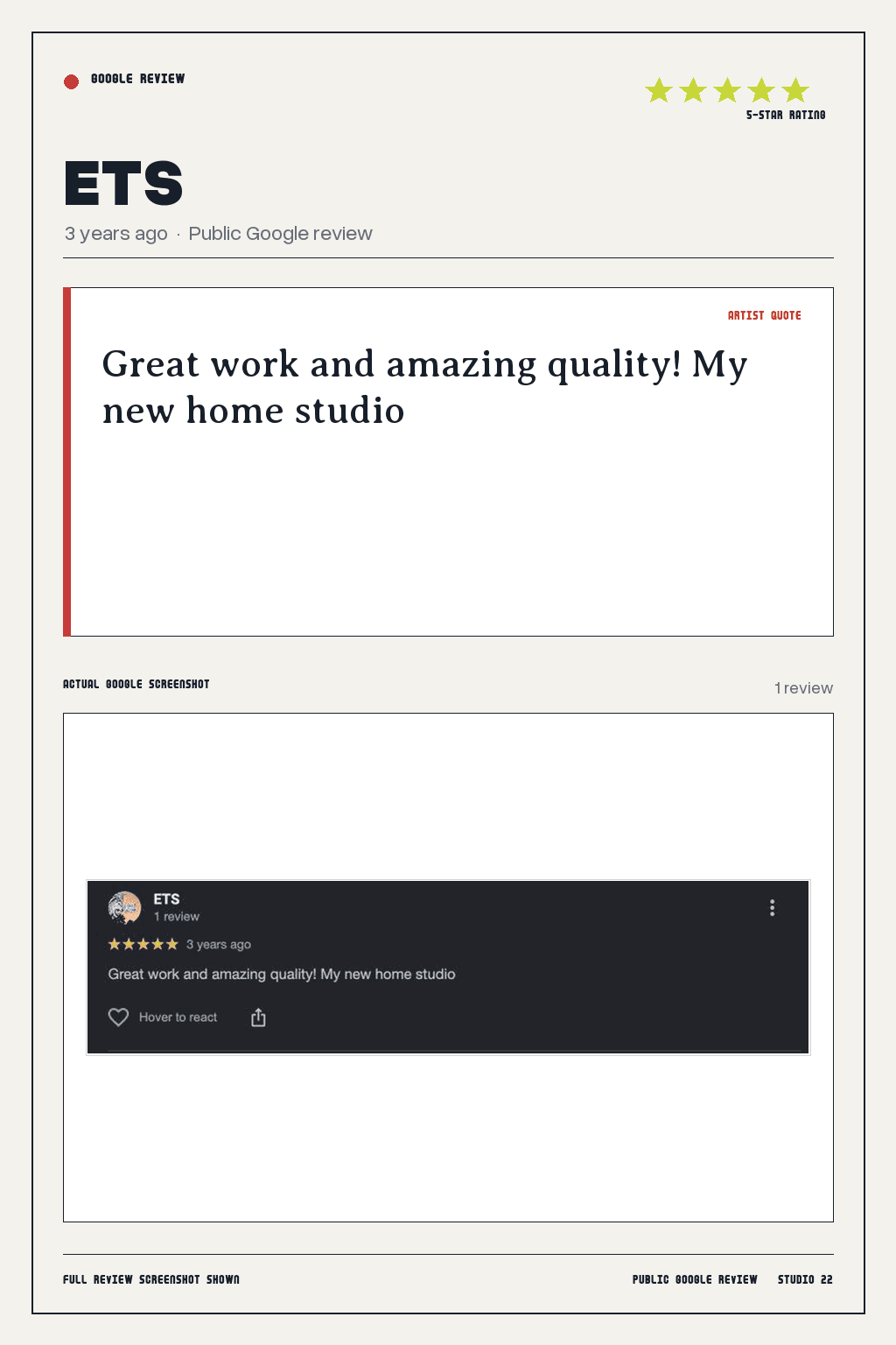 Studio 22 Google review card for ETS, rated 5 out of 5. Great work and amazing quality! My new home studio