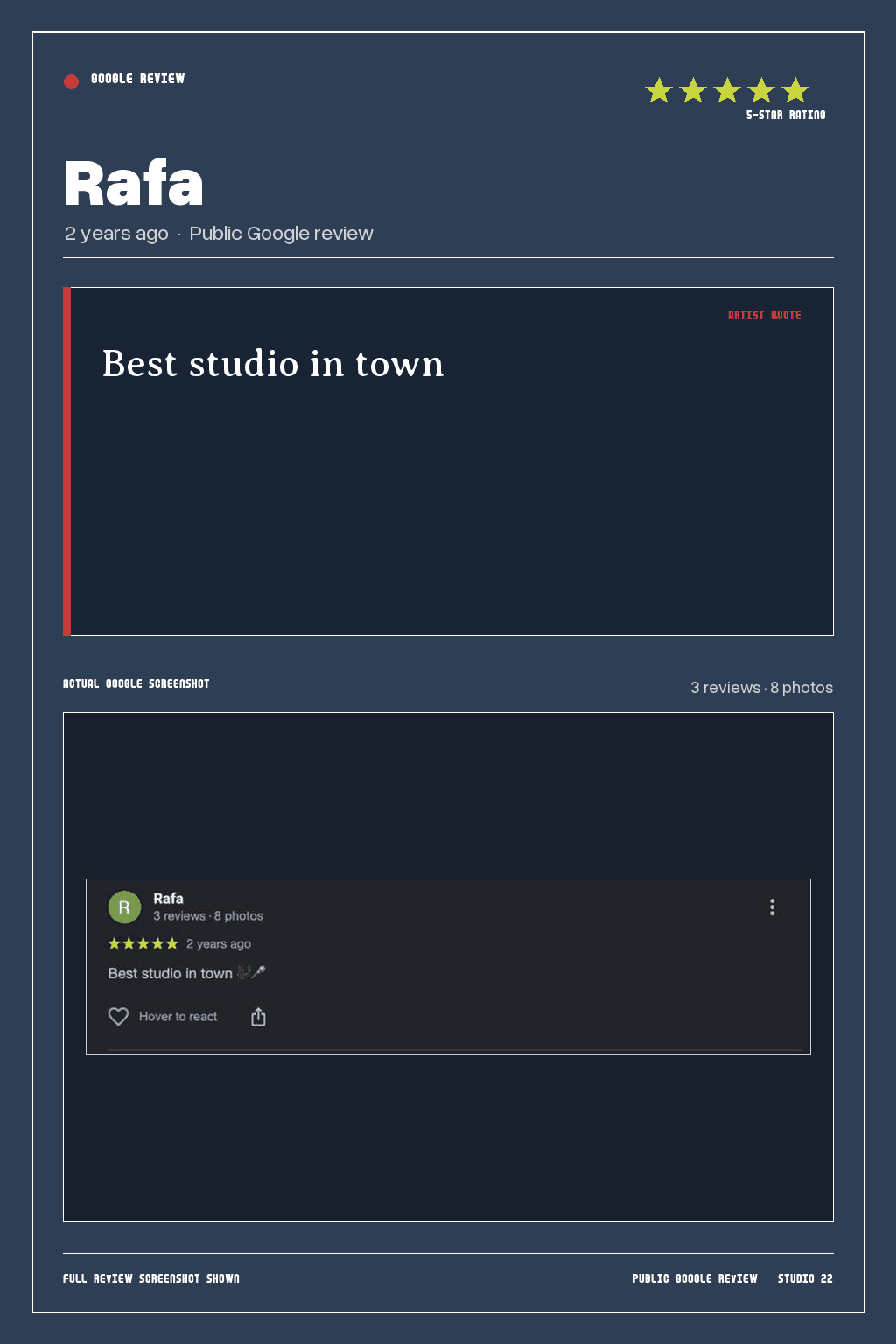 Studio 22 Google review card for Rafa, rated 5 out of 5. Best studio in town