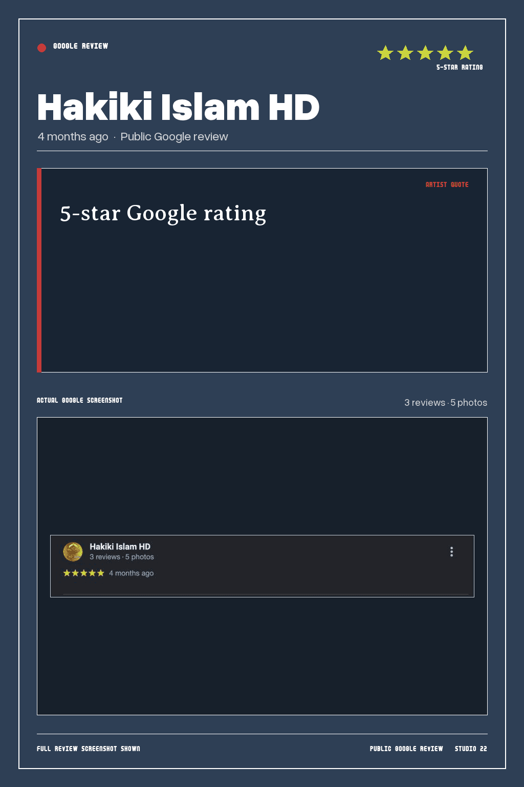 Studio 22 Google review card for Hakiki Islam HD, rated 5 out of 5. No written review was provided.