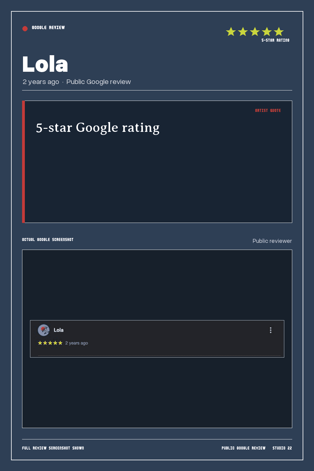 Studio 22 Google review card for Lola, rated 5 out of 5. No written review was provided.